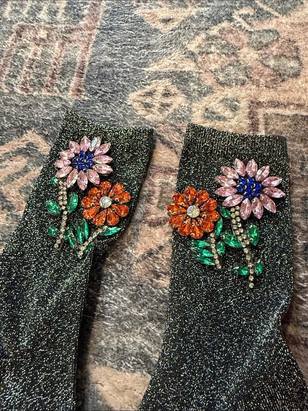 Embellished Black Sparkle Crew Socks with Floral Crystal Appliqué